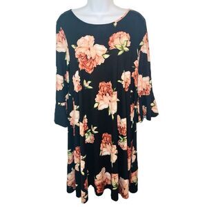 Jamie & Layla from Macys Floral Swing Dress Black Peach Bell Sleeves M